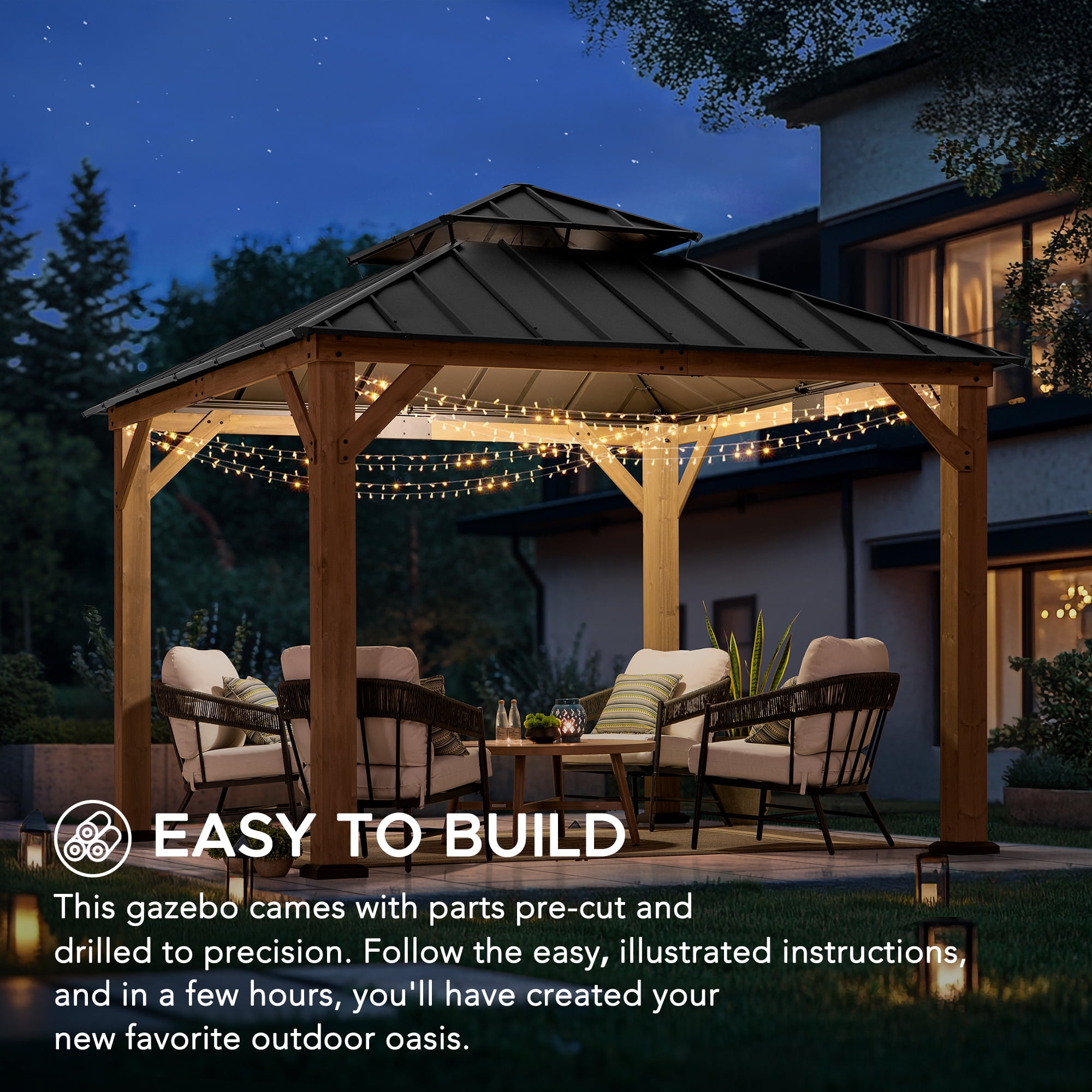 Sunjoy 11 x 11 ft Outdoor Wooden Gazebo Patio Steel Hardtop Gazebo with Cedar Frame and Ceiling Hook Wood Gazebo with 2-tier Metal Roof for Patios, Lawn, and Backyard, Brown