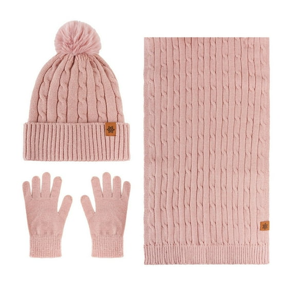 ATHJRT Winter Scarf Glove Beanie Set for Women Cable Knit Mitten Gloves Long Scarves Neck Warmer 3 Pieces Set Outdoor Snow Skiing Outfit Pink#01 Free Size