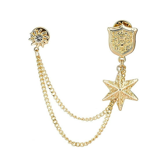 Knighthood Engraved Golden Shield with Hanging Star Lapel Pin Badge Coat Suit Wedding Gift Party Shirt Collar Accessories Brooch for Men