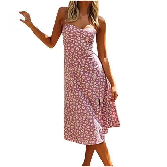 Fridja Femmes Casual Fleur Impression Slim Plage Licou Bretelles Robe Bretelles