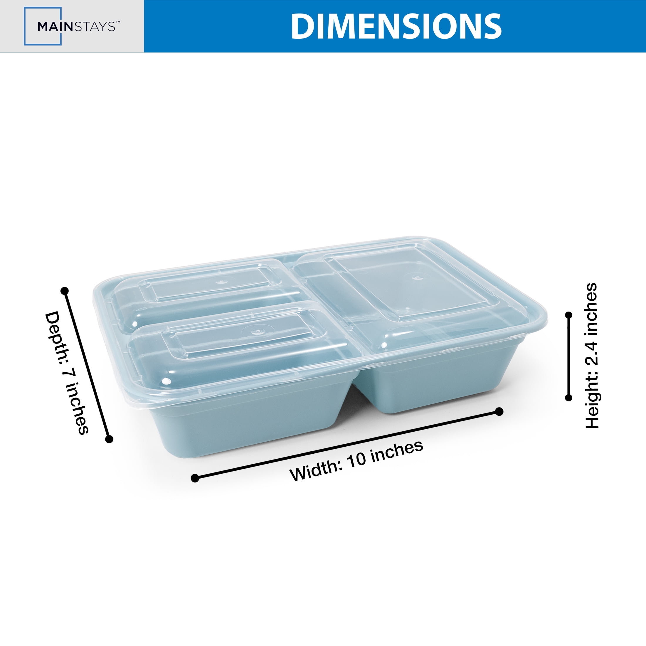 Mainstays 5-Pack 3-Compartment BPA-Free Plastic Meal Prep Food Storage Containers, 1.2L, Blue Cameo
