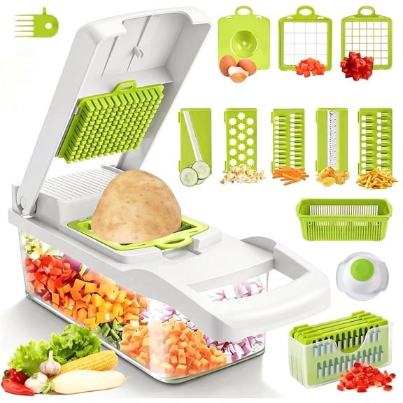 Vegetable Chopper Mandoline Slicer, 8 Blade Food Cutter with Colander Basket & Storage Case,White