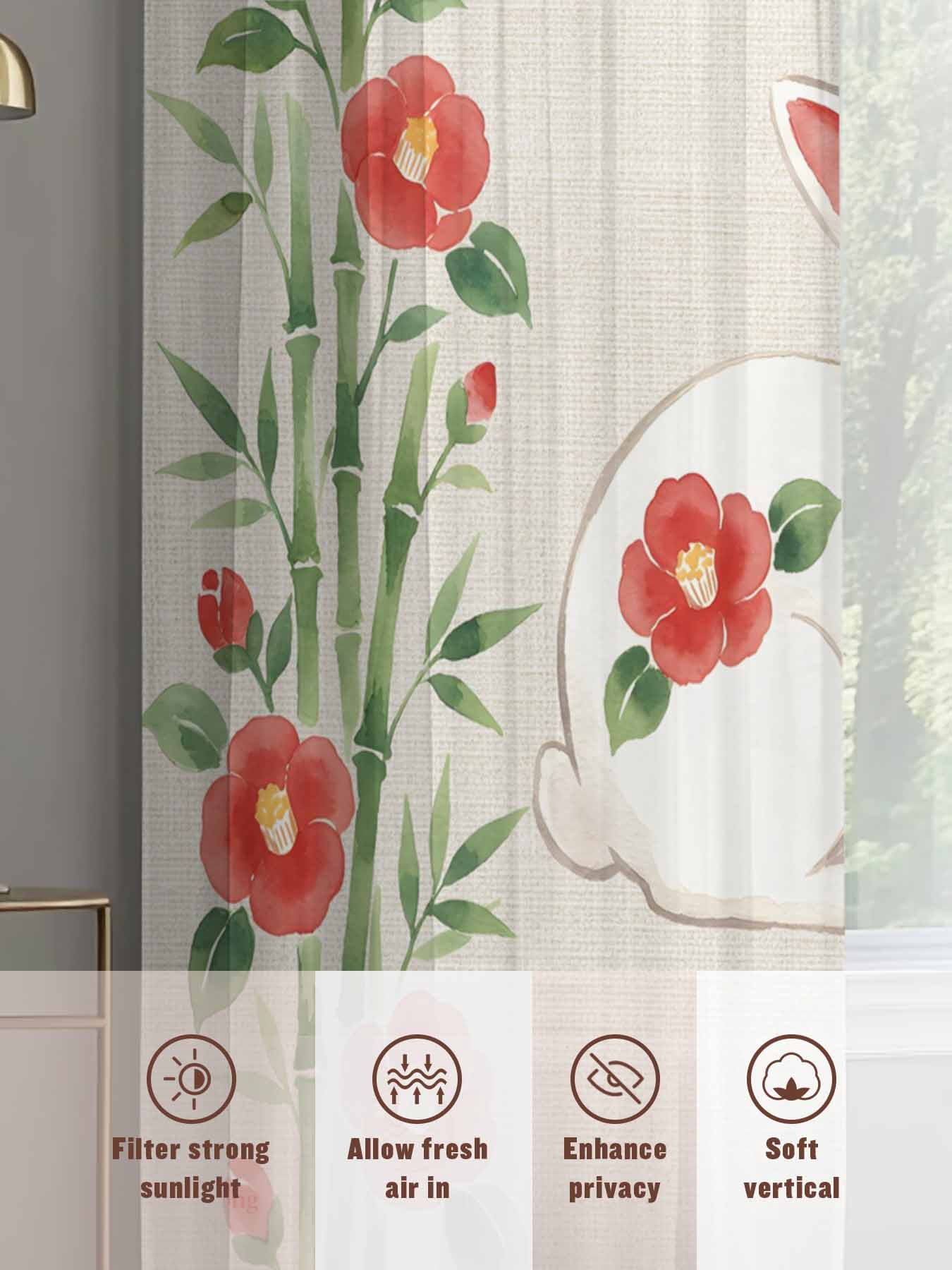 Floral Rabbits Sheer Curtains 2 Panels Set Japanese Red Floral Rabbit Linen Texture Sheer Window Curtains Light Filtering Rod Pocket Voile Drapes for Bedroom Living Room 52"x54"