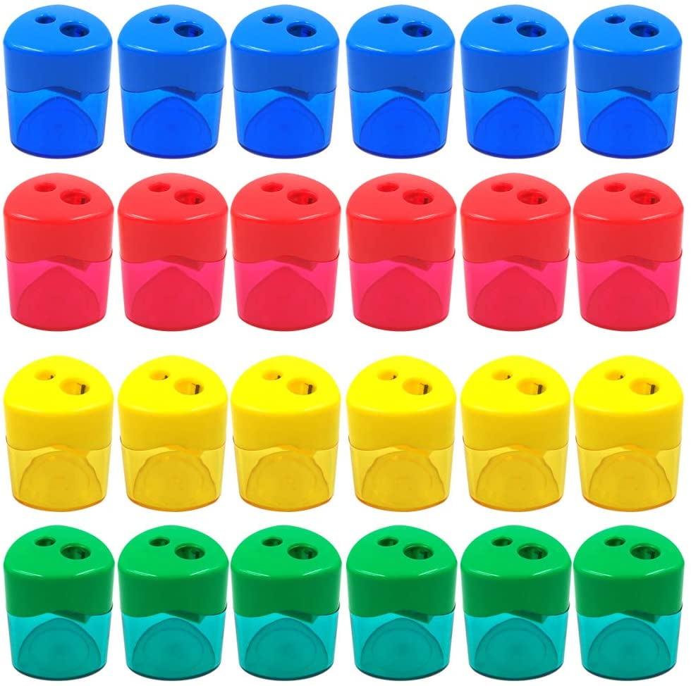 24Pcs Pencil Sharpener Manual, Assorted Color Small Dual Hole Pencil Sharpeners Bulk with Lid for School Office Home