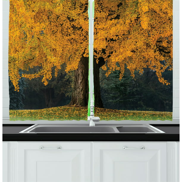 Tree Kitchen Curtains, Old Tree with Leaves During Fall Evergreen Forest at  the Back Seasonal Art, Two Panels Drapes with Rod Pocket Room Decor, 55