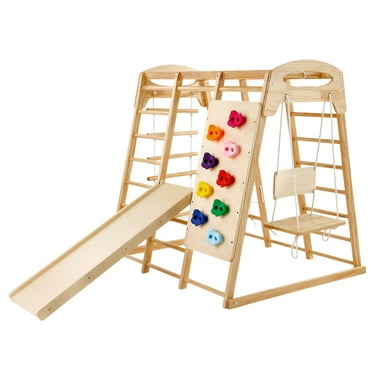 KFFKFF Indoor Jungle Gym, 7-Function Wooden Playset for Toddlers,Indoor Climbing Equipment with Wood and Rope Ladder,Net Ladder,Swing, Monkey Bar,Slide,Climbing Wall, Dimensions: 43 x 47.2 x 47in