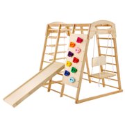 SKYSHALO Indoor Play Center for Toddlers, 7-Feature Wooden Activity Zone, Includes Swing, Slide, Monkey Bar, Climbing Wall, Net and Rope Ladders, 43 x 47.2 x 47in, Engaging Fun for Kids