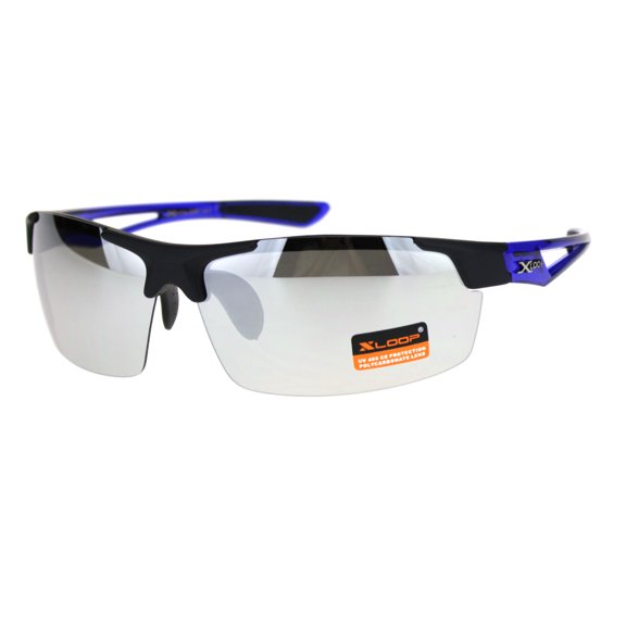 Xloop Baseball Half Rim Sport Warp Around Plastic Sunglasses Black Blue Silver Mirror