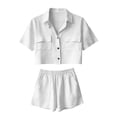 thumbnail image 5 of Bloomae Two Piece Linen Short Sets for Women Trendy Summer Short Sleeve Button Down T-Shirts Tops with Pockets and Elastic Waist Short Pants Matching Loungewear Outfits White M, 5 of 9