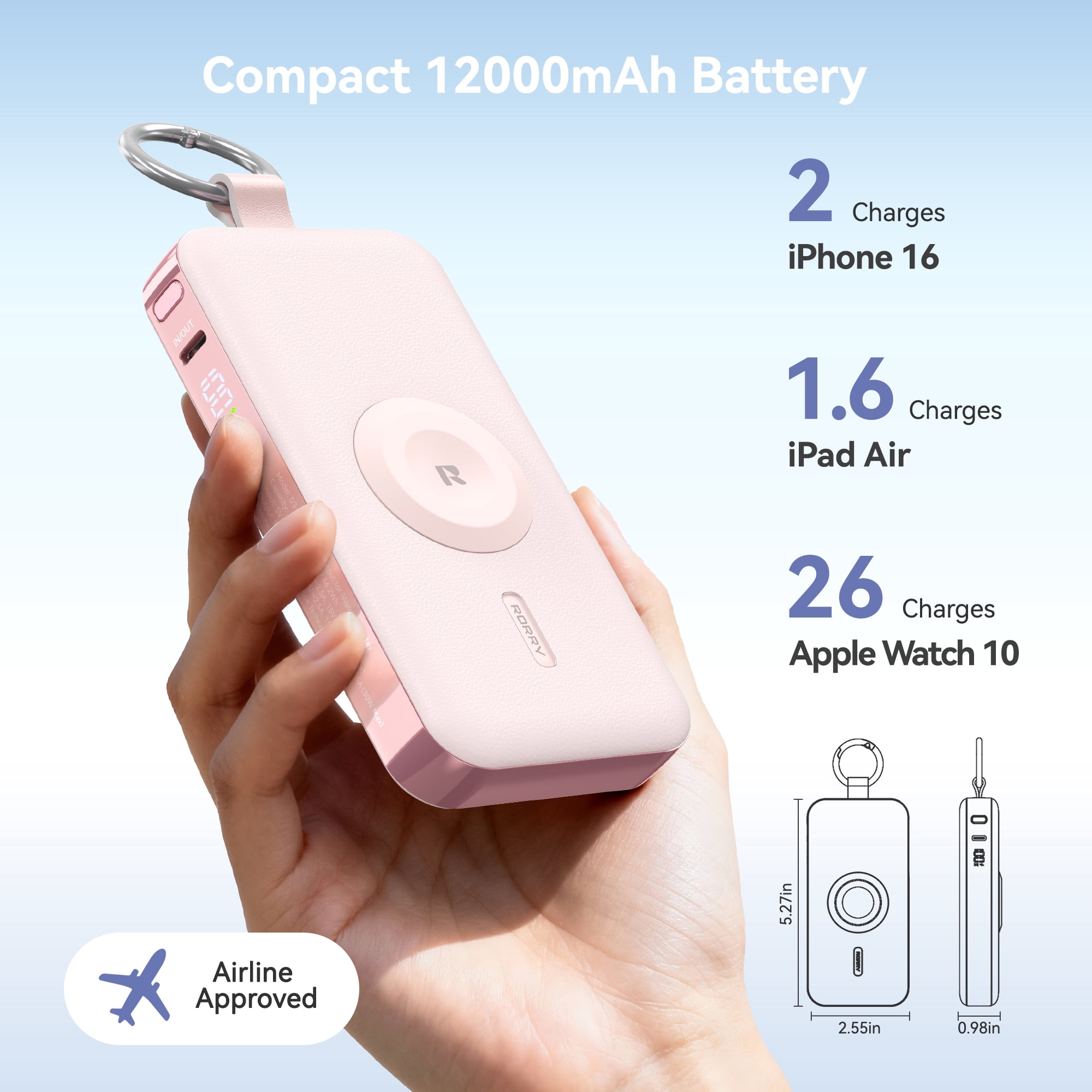 RORRY 12000mAh Portable Charger with USB-C Retractable Cable, Apple Watch Charger, 30W Fast Charging Power Bank for iPhone 17/16/15, Samsung Galaxy, Pixel-Pink