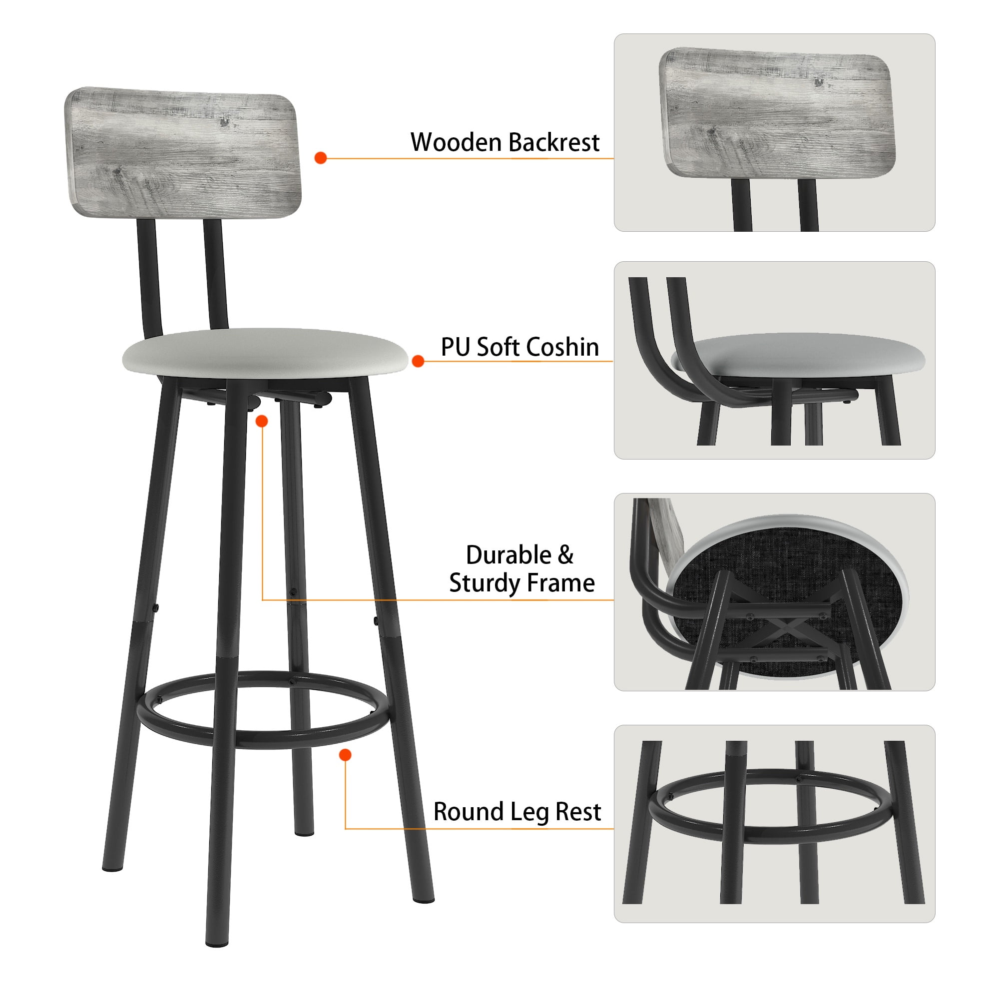 5 Pieces Bar Table Set, Industrial Style Dining Table Set with 4 PU Upholstered Stools, Counter Height Dining Table and Chairs Set, Metal Frame and Wood Top Table Kitchen Furniture Set for Dining Room