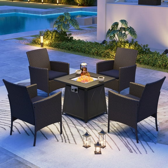 MF Studio 5-Piece Wicker Outdoor Conversation Set with  Patio Chairs & 28-Inch Fire Pit Table, Dark Brown/Navy Blue