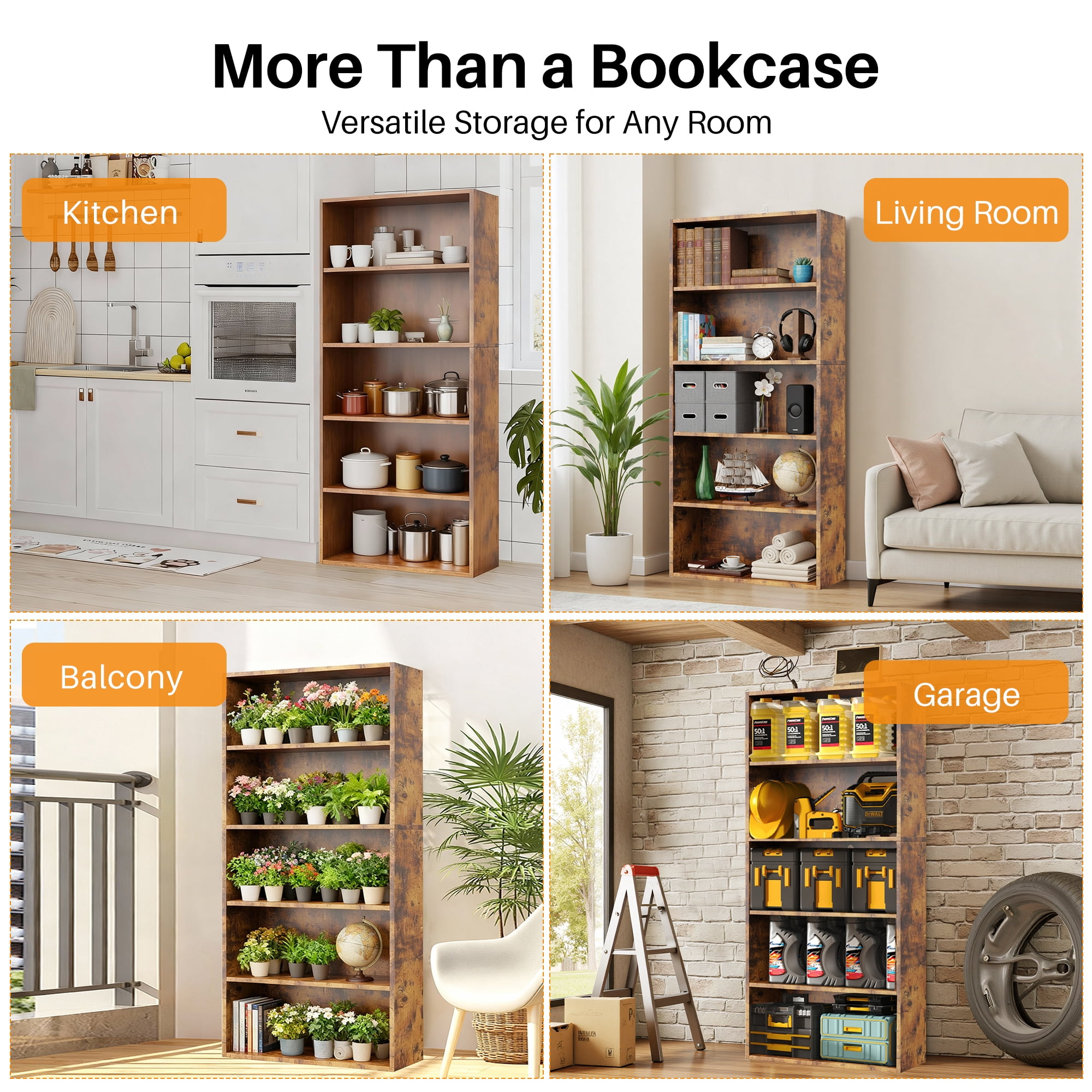 Atilioo 5-Tier Bookcase with Adjustable Shelves, 53" Tall Storage Cube Organizer for Living Room, Bedroom, Easy Assembly, Brown