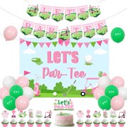 Golf Birthday Decorations for Girls Pink Let's Par Tee Banner Cupcake Cake Toppers Golf Birthday Backdrop for Sports Theme Bday Supplies