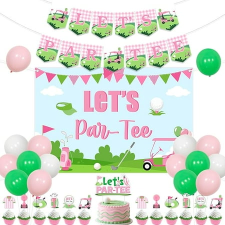 Golf Birthday Decorations for Girls Pink Let's Par Tee Banner Cupcake Cake Toppers Golf Birthday Backdrop for Sports Theme Bday Supplies
