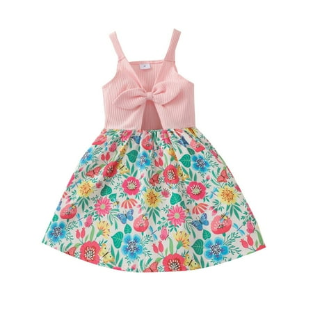 

2023 Summer Savings Girls Dress PEZHADA Baby Girls Clothes Sleeveless Sling Bowknot Midriff-baring Animal Floral Dress Pink 130