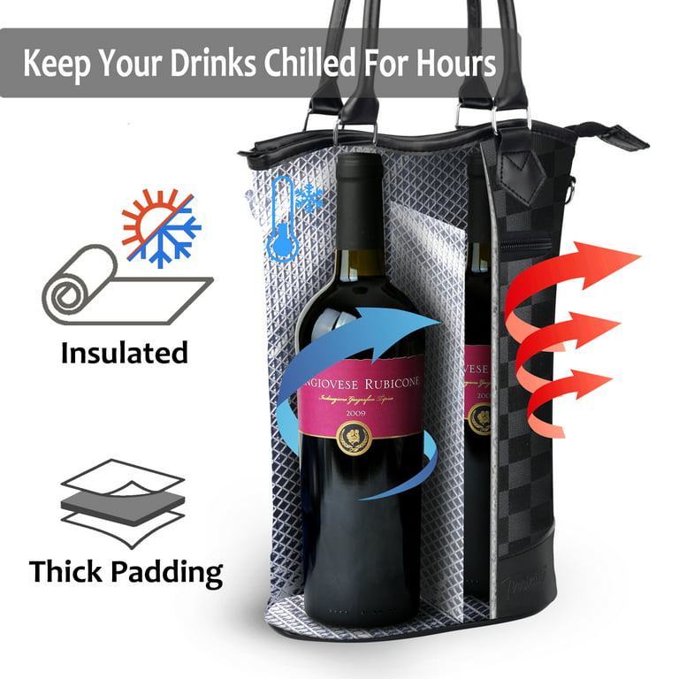 Tirrinia Insulated Wine Carrier Tote - Travel Padded 2 Bottle  Wine/Champagne Cooler Bag with Handle and Adjustable Shoulder Strap + Free  Corkscrew, Great Wine Lover Gift, Black 