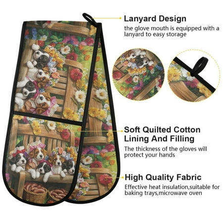 

BZSMCE Oven Mitts Puppy Picnic in The Garden Creative Pattern Resistant Kitchen Gloves