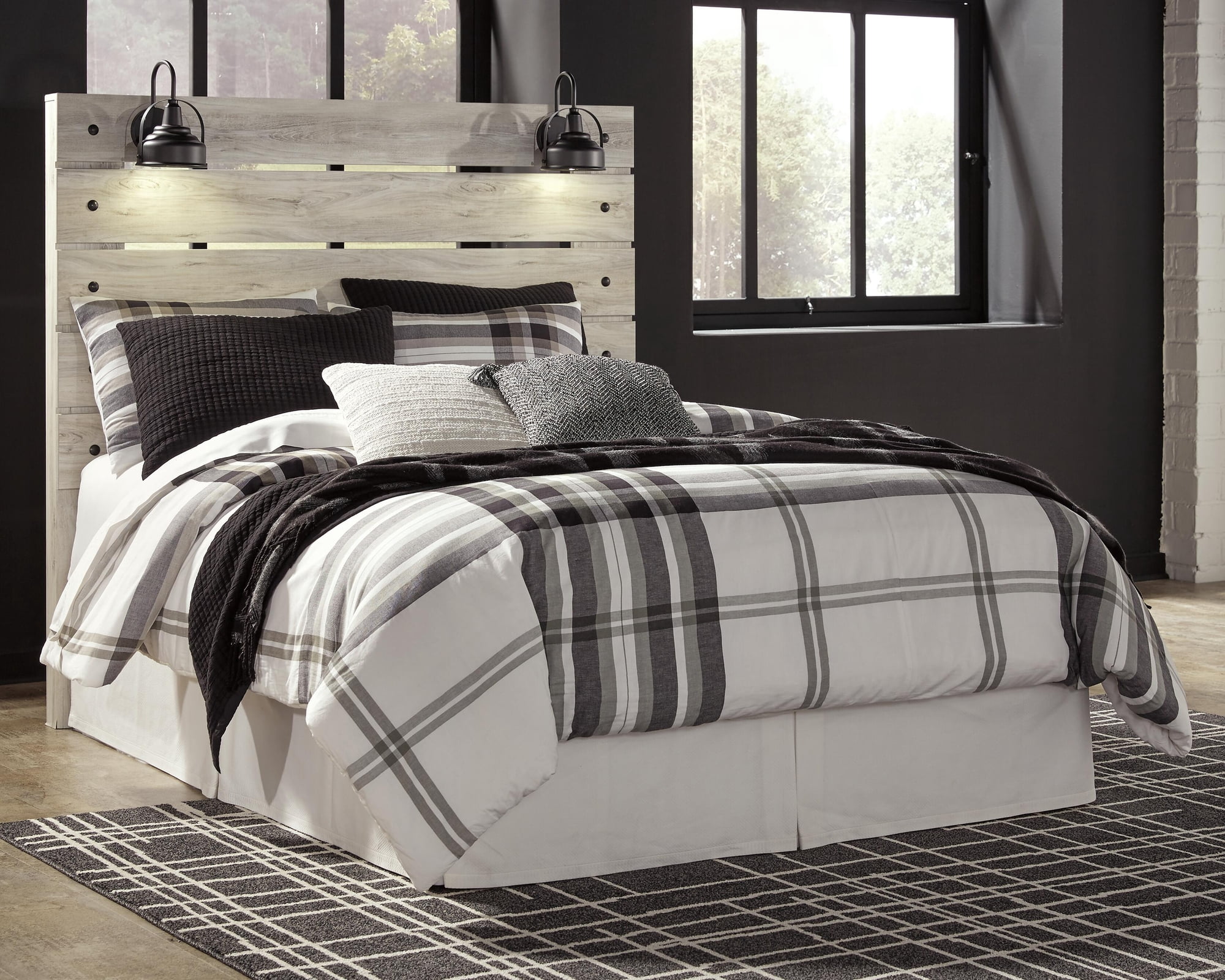 Signature Design by Ashley Cambeck Queen Panel Headboard, Whitewash, Farmhouse Headboard with LED Sconce Lights and USB Charging