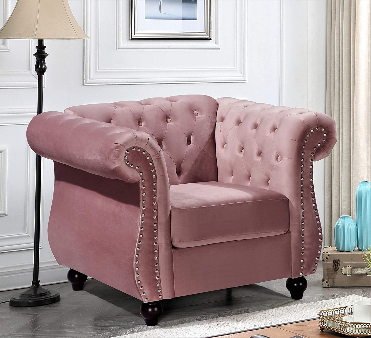 US Pride Furniture Chester 40.55 in. Wide Rolled Arm Velvet Modern Straight living Room Chair, Rose