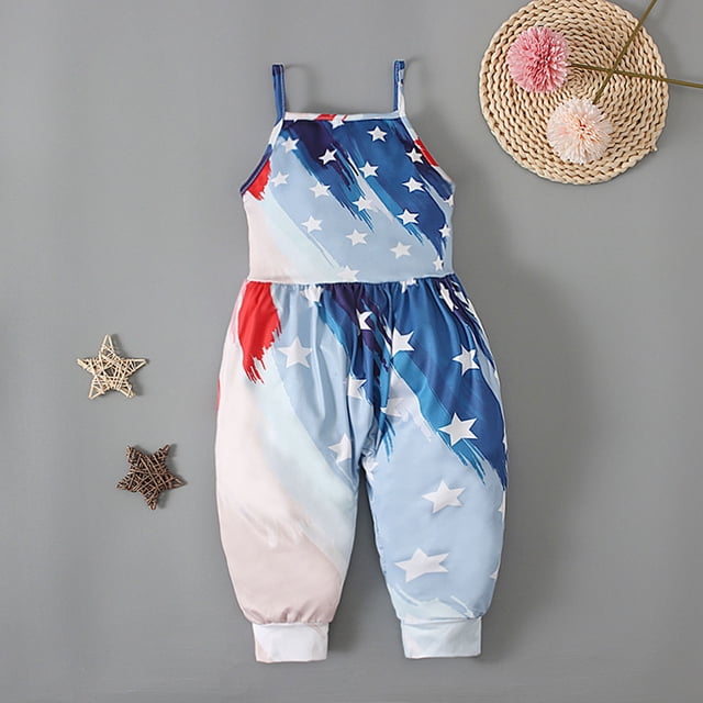 EGNMCR Girls' Jumpsuits & Rompers Girls Children's Summer Independence Day Romper Sling Sleeveless Backless Short Jumpsuit Kid Rompers