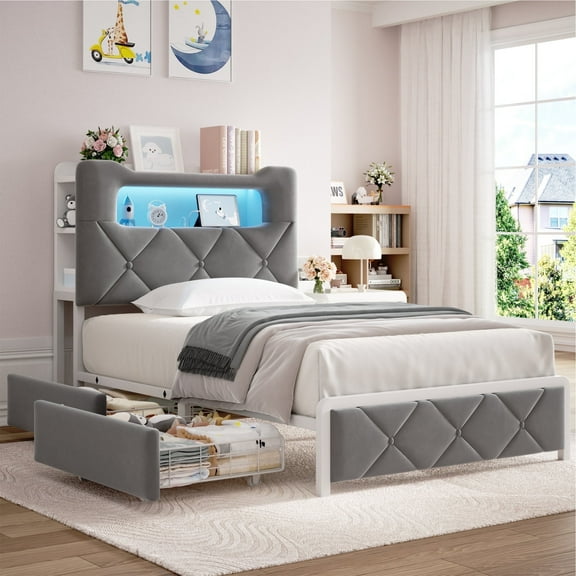 Anyact Twin Size Bed Frame with 2 Storage Drawers and Headboard Metal Platform Bed Frame & LED Light Headboard, Built in Charging Station and Easy Assembly/Noise-Free, Gray