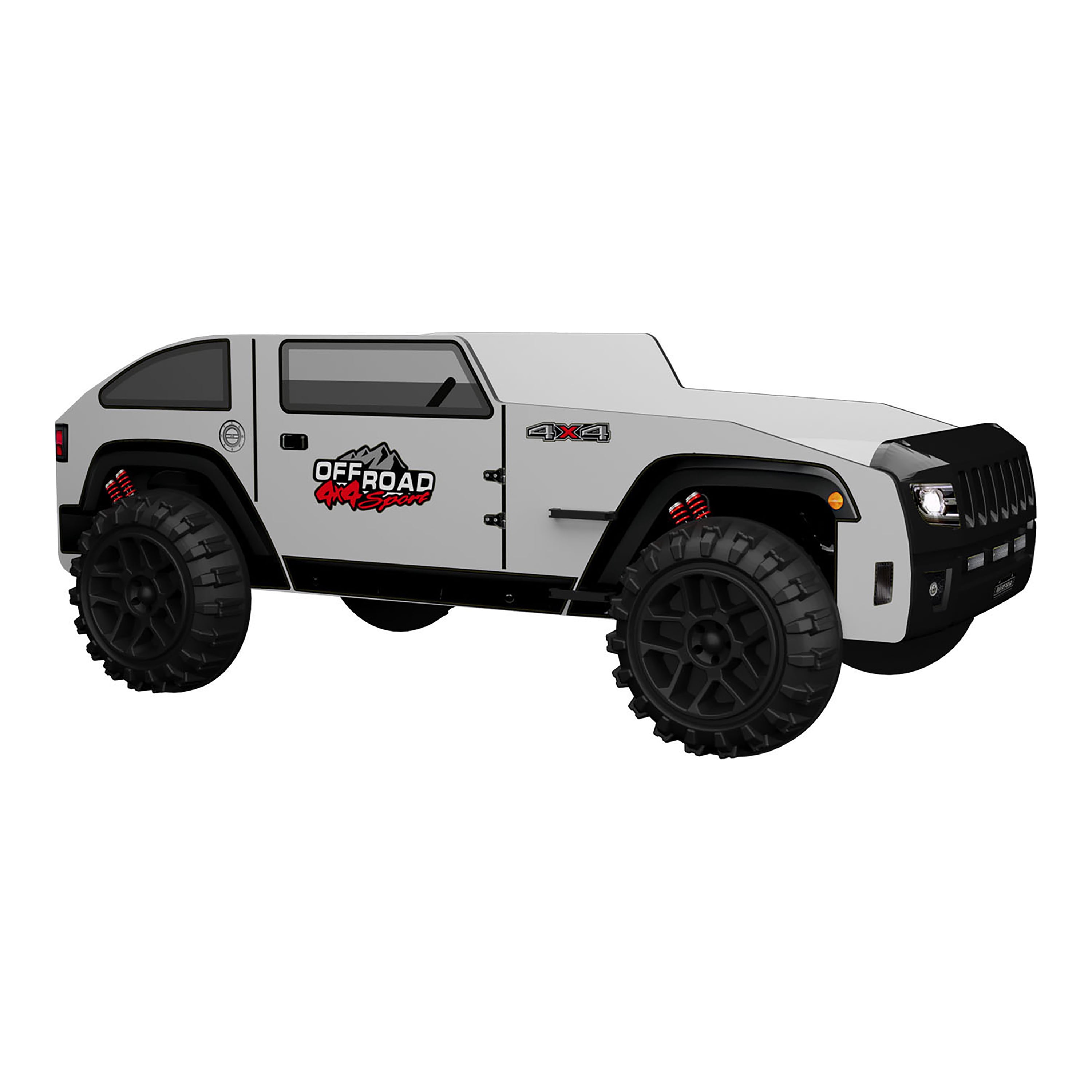 Furniture of America Adventure Kids Twin ABS Plastic Platform Bed with LED Headlights, Jeep Design, Black and White