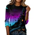 thumbnail image 5 of Shirts for Women Halloween Funny 3/4 Sleeve T Shirts Spooky Castle Bat Printed Tops Horror Round Neck Pullover Holiday Three Quarter Length Blouses, 2XL, 5 of 7