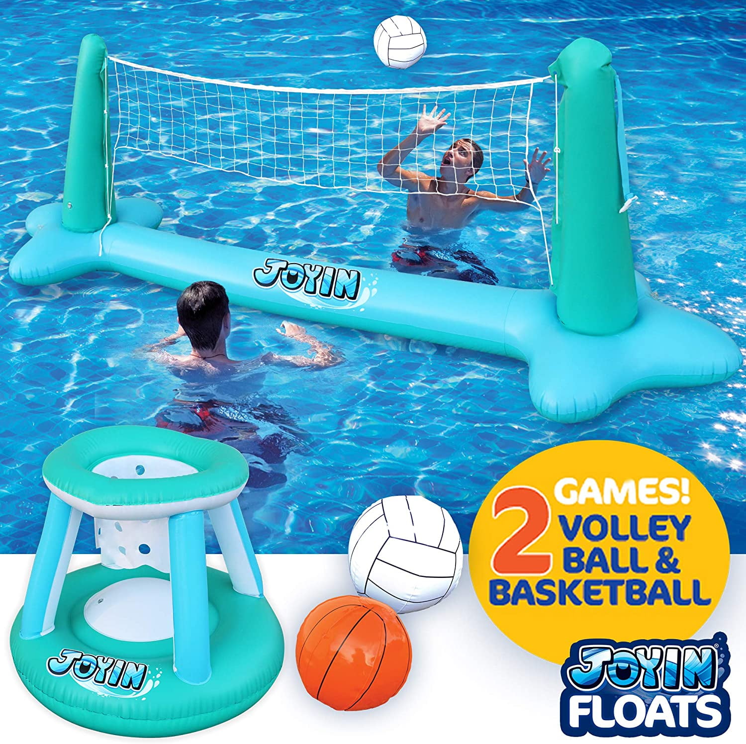 Volleyball Court Inflatable Pool Float Set Volleyball Net & Basketball Hoops; Includes Bonus Air Pumper Balls Included for Kids and Adults Swimming Game Toy Floating 105”x28”x35” Summer Floaties 
