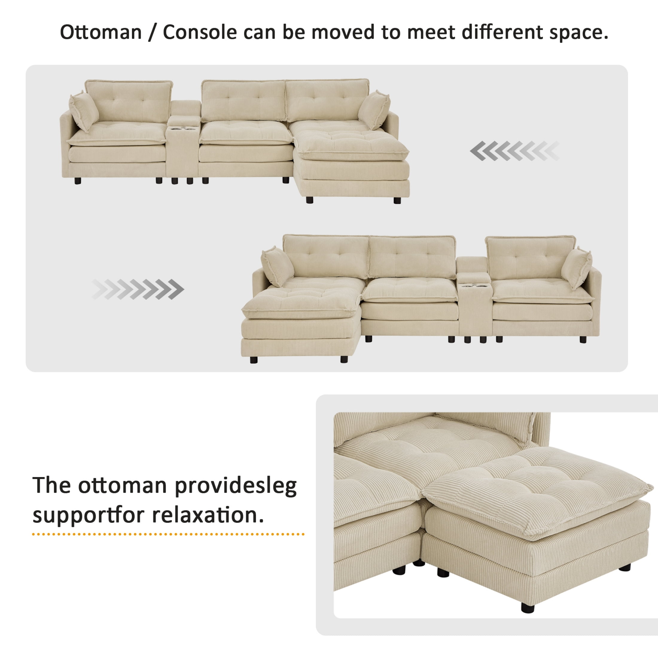 Anpport 119" L-Shaped Modular Sectional Sofa with Removable Ottoman for Living Room, Corduroy, Beige