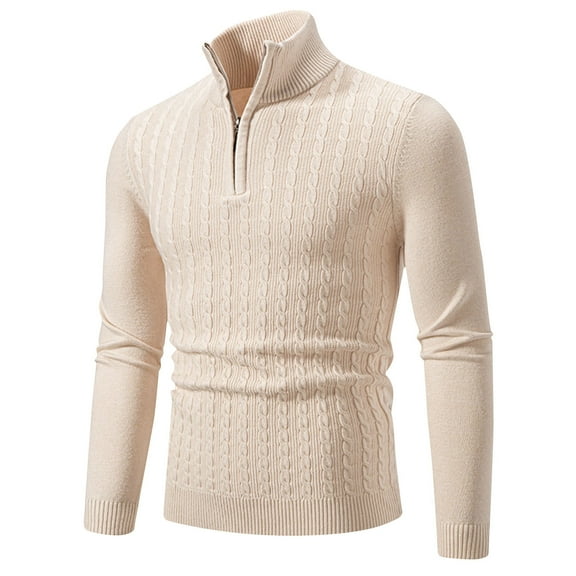 RYRJJ Men's Quarter Zip Sweater Slim Fit Cable Knit Sweater Soft Casual Mock Neck Pullover Sweater with Ribbing Edge(Beige,3XL)