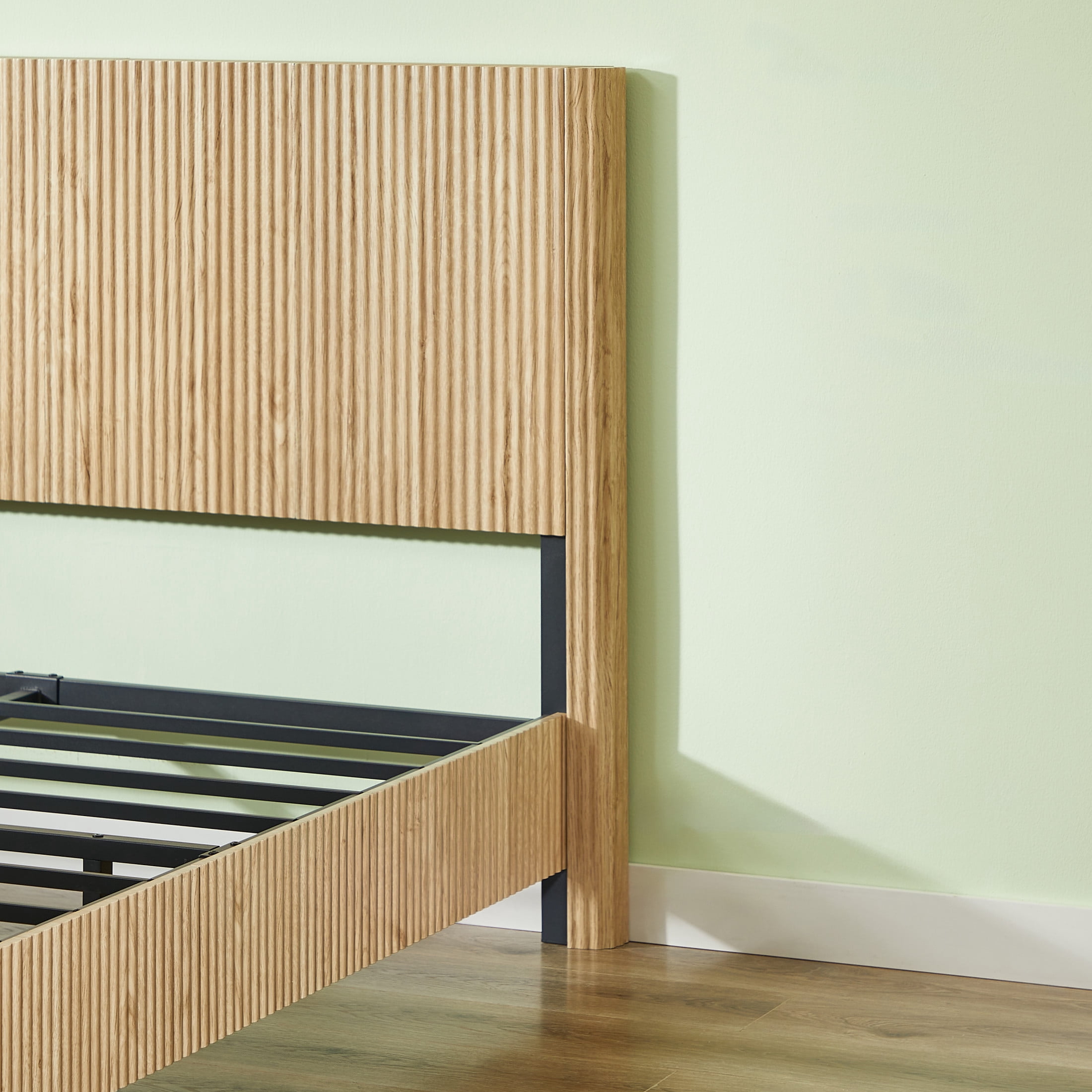 Noble House Solley Full Platform Bed, Rustic Curved Wooden with Corrugated Accents, Heavy-Duty Frame, Oak