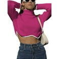 thumbnail image 2 of Women Sweater Knit Pullover Long Sleeve Turtleneck Contrast Color Irregular Hem Crop Top, 2 of 4