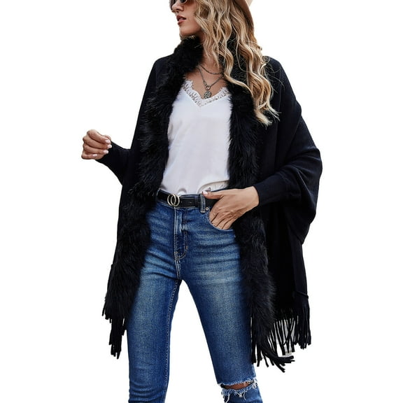 Women Cardigan Sweater Faux Fur Collar Decor Hem Tassel Long Sleeves Casual Sweater Wraps Black S