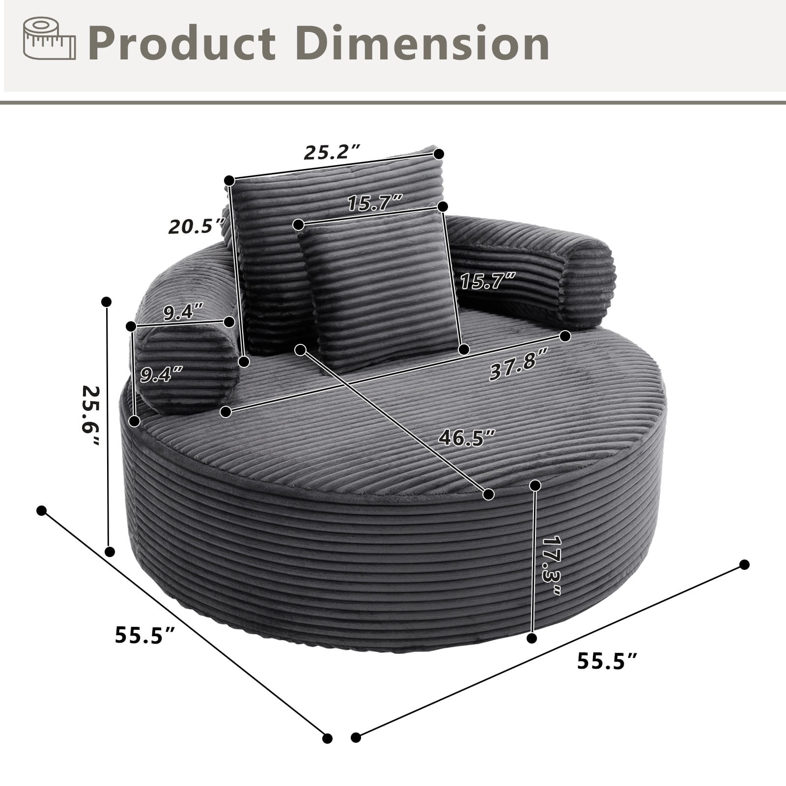 Miniyam 55.5" W Round Oversized Chaise Lounge Indoor Chair for Living Room, Cloud Couch with 3 Pillows, Dark Grey