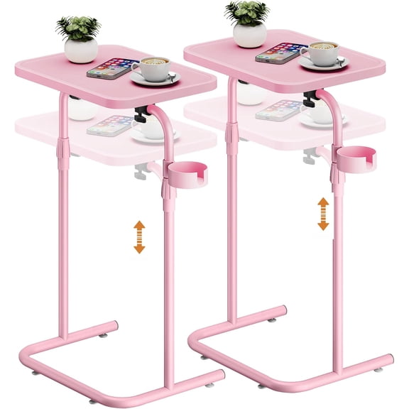 C Shaped End Table with Tiltable Surface, Set of 2, Adjustable Height Side Table, Slide Under Couch Table TV Tray for Eating, Sofa Tray for Livingroom, Bedroom Pink