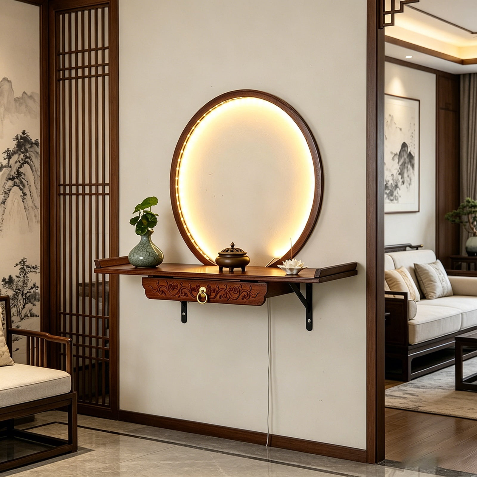 Wall-Mounted Buddha Statue Stand with LED Light Household Small Buddhist Shrine Altar Table with Retractable Pull Plate Bamboo Prayer Offering Table