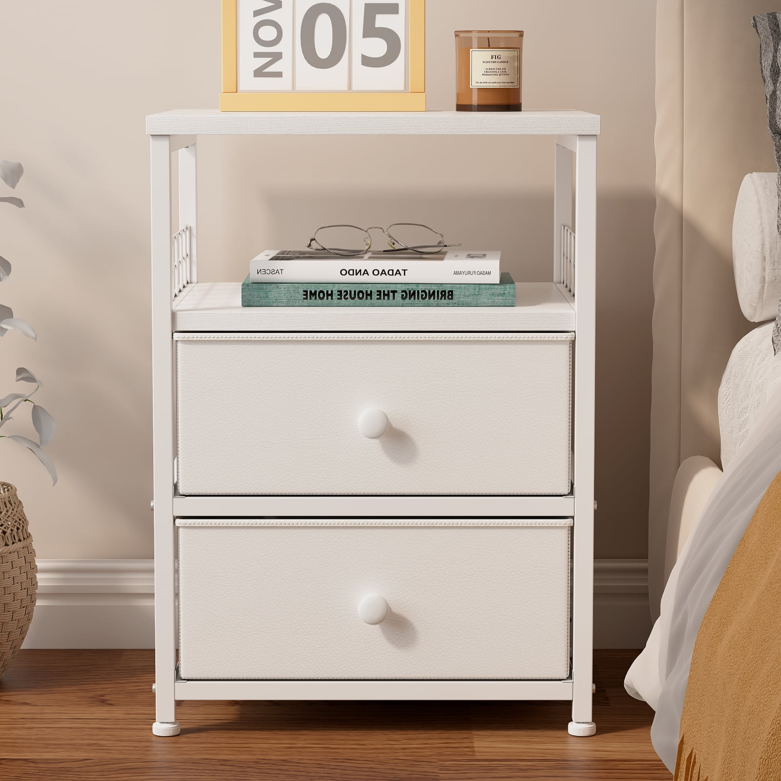 LIKIMIO Modern Night Stand With 2 Drawers & Pull-Out Tray - Bedside Table, White, 15.8"W X 15"D X 23.6"H
