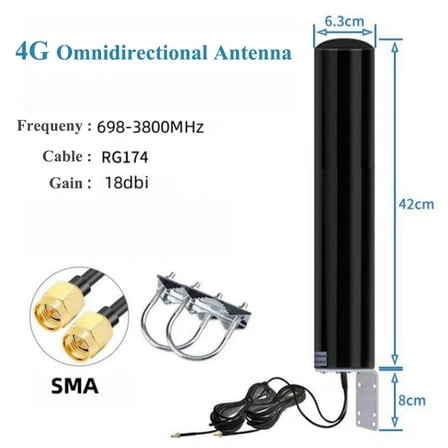 Black 18dBi 4G/5G Wideband Outdoor Omnidirectional Antenna, High-Gain Signal Booster with 5m Cable, IP67 Waterproof 360° Coverage