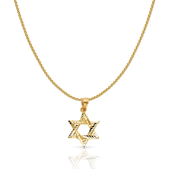 14K Yellow Gold Star of David Charm Pendant with 0.9mm Wheat Chain Necklace - 16"
