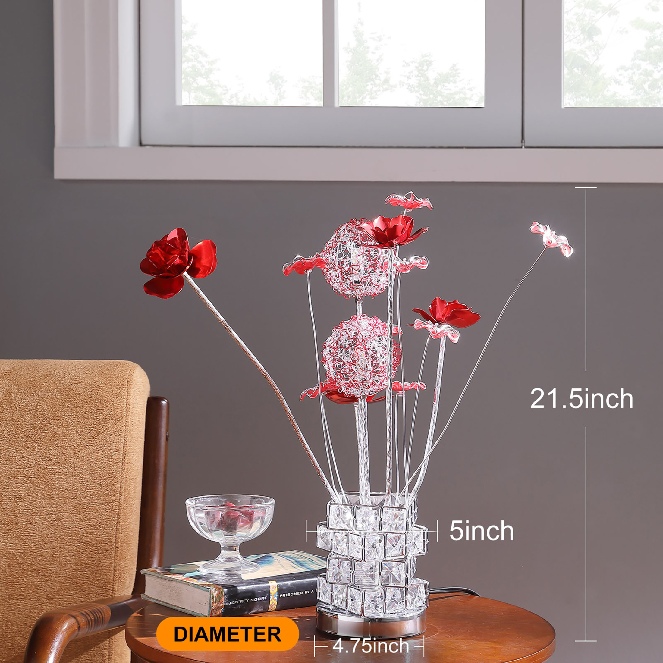 Noble House 20.75" Floral LED Table Lamp, Aluminum & Acrylic Red Roses, G4 Light Bulbs, Chrome Vase, Multicolor