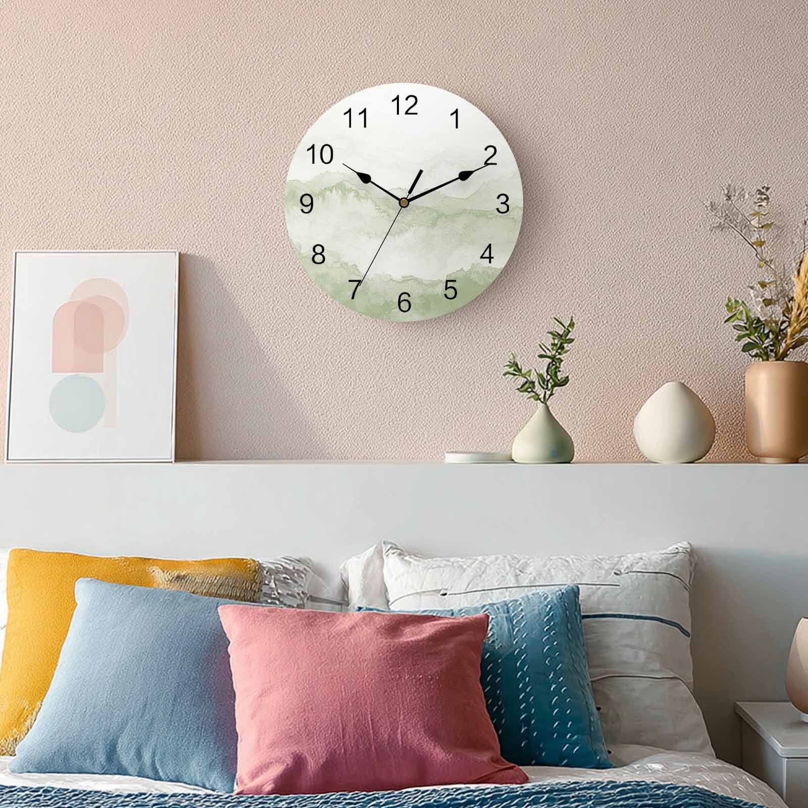 Wall Clock Sage Green Mountain Clocks PVC Silent Non-Ticking Battery Operated Decorative Ombre Abstract Natural Round Clock for Home Living Room Kitchen Bedroom Office School Wall Decor 10 Inch