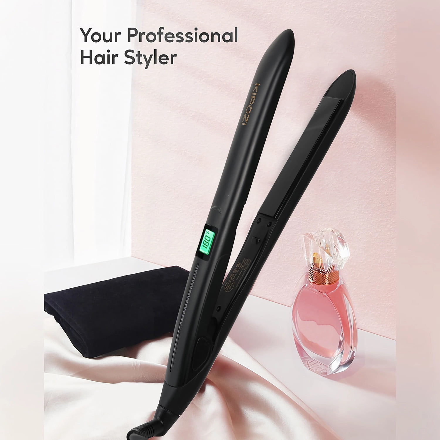 Nano Negative Ion Flat Iron, Anti-Static Hair Straightener with 1 inch Floating Titanium Plates, Black