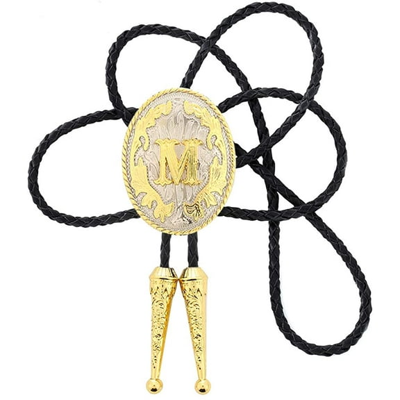 Fahion Western Cowboy Tie Initial Letter A in Round Flower Cowboy with Leather Rope Bolo Tie