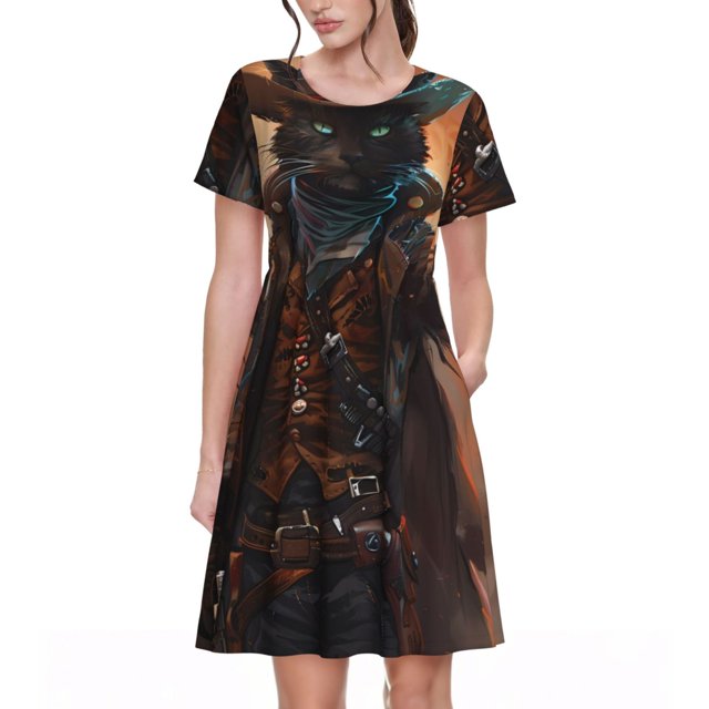 Disketp Steampunk Cowboy Cat para Vestido de Manga Corta para Mujeres, Vestidos de Verano para Mujeres, Casual y Holgado para la Playa