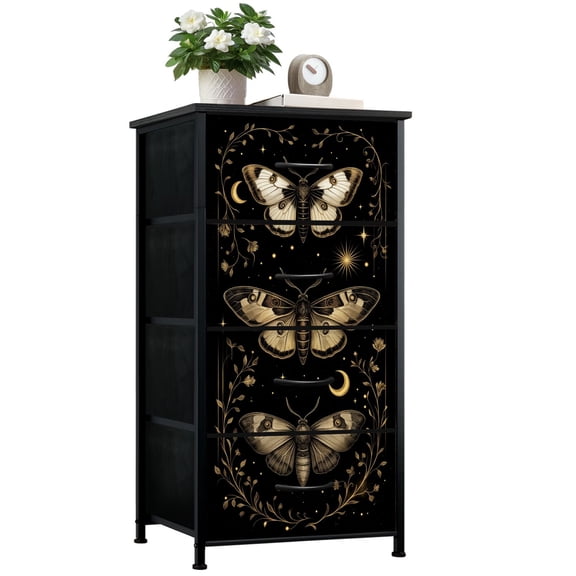 Dresser for Bedroom with 4 Storage Drawers Mystical Moth Floral Accents Celestial Dressers Chest of Drawers Steel Framed Fabric Closet Organizers for Dorm Entryway