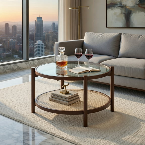 Demi Bonn 31" 2-Tier Round Coffee Table - Tempered Glass Top, Rattan Storage Shelf, Cherry & Transparent