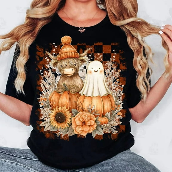 Retro Cute Fall Highland Cow Ghost Shirt, Spooky Ghost Shirt, Autumn Cow Shirt, Halloween Pumpkin Spice Shirt, Trendy Boo Ghost Shirt