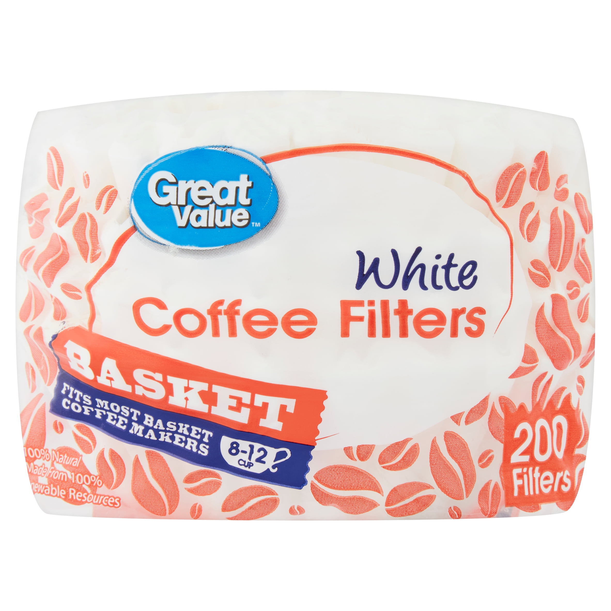 Great Value White Basket Coffee Filters, 200 count