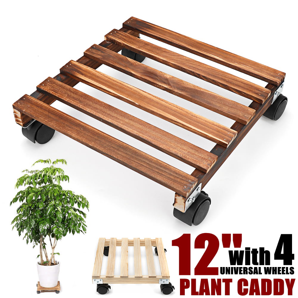 Yardwe Plant Caddy Wooden Round Rolling Outdoor Plant Stand with Wheels Planter Stand for Indoor Plants 25cm
